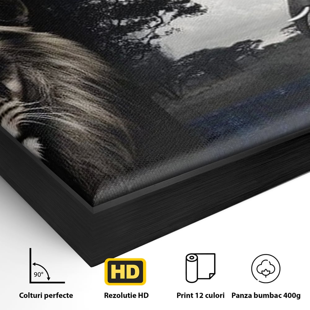 Detaliu al suprafetei: tablou canvas cu leu si elefant, in rama de aluminiu negru